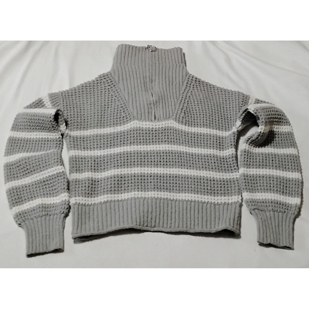SO Goods For Life Gray White Striped Waffle Knit Quarter Zip Sweater Small